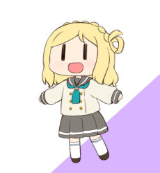 Rule 34 | 1girl, black eyes, blonde hair, braid, buttons, chibi, green necktie, grey sailor collar, grey skirt, loafers, long hair, long sleeves, love live!, love live! sunshine!!, miyako hito, neckerchief, necktie, ohara mari, pleated skirt, sailor collar, school uniform, serafuku, shoes, simple background, skirt, socks, solo, uranohoshi school uniform, wavy hair, white background, winter uniform