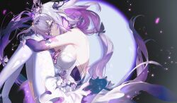 1girl bow bug butterfly castorice_(honkai:_star_rail) detached_sleeves hair_ornament hou_(ppo) hunched_over insect looking_to_the_side pantyhose purple_hair solo tagme white_hair