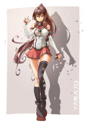 1girl absurdres armband asymmetrical_legwear black_socks black_thighhighs breasts brown_eyes character_name cherry_blossoms clothes_writing clothing_cutout collar echo-kilo full_body hair_intakes highres hip_vent holding holding_shell kantai_collection large_breasts long_hair long_sleeves looking_at_viewer metal_collar miniskirt pleated_skirt ponytail red_skirt sakuramon shell shoulder_cutout side_cutout sidelocks single_sock single_thighhigh skirt smile socks solo thighhighs uneven_legwear very_long_hair walking yamato_(kancolle) yamato_kai_(kancolle) z_flag