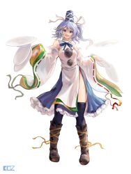 1girl absurdres black_thighhighs blue_hat blue_skirt boots breasts brown_boots commentary detached_sleeves edz_drawz english_commentary frilled_skirt frills full_body grey_hair hat high_ponytail highres japanese_clothes kariginu long_hair looking_at_viewer medium_breasts mononobe_no_futo open_mouth plate pom_pom_(clothes) ponytail ribbon-trimmed_sleeves ribbon_trim simple_background skirt smile solo tate_eboshi thighhighs touhou transparent_background white_sleeves