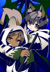 1boy 1girl animal_ears black_eyes black_hair blue_background brown_eyes brown_hair chibi closed_mouth dark-skinned_female dark_skin e.g.o_(project_moon) fox_ears fox_tail full_body highres limbus_company long_sleeves looking_at_viewer nantekottawo!! outis_(project_moon) project_moon raincoat short_hair simple_background sunshower_(e.g.o) tail torn_umbrella umbrella white_raincoat yi_sang_(project_moon)