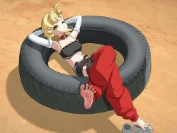 1girl absurdres arms_behind_head barefoot blonde_hair crossed_legs feet green_eyes highres long_hair looking_at_viewer lying on_back piper_wheel soles toes tsukasa49003 zenless_zone_zero