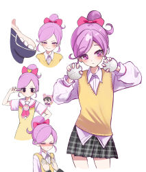 1boy 2girls =_= aijou_rentarou alternate_costume bare_arms black_skirt blush bow breasts closed_eyes commentary flat_chest flat_chest_grab food hair_bow hanazono_hahari highres huge_breasts kimi_no_koto_ga_dai_dai_dai_dai_daisuki_na_100-nin_no_kanojo long_sleeves magical_girl matching_hair/eyes momi_momiji multiple_girls multiple_views pink_bow pleated_skirt ponytail puffy_long_sleeves puffy_sleeves purple_eyes purple_hair shirt short_hair short_sleeves simple_background skirt smirk steamed_bun swept_bangs ten_hwang2 untucked_shirt v v_over_eye vest white_background white_shirt wing_collar yellow_vest