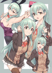 Rule 34 | 1girl, absurdres, animal ears, aqua eyes, aqua hair, blazer, blush, bow, bowtie, breasts, brown jacket, brown skirt, cardigan, cellphone, detached collar, earrings, fake animal ears, frilled skirt, frills, green background, green nails, hair ornament, hairclip, highres, jacket, jewelry, kantai collection, large breasts, leotard, long hair, looking at viewer, minosu, multiple persona, one eye closed, open cardigan, open clothes, open mouth, orange bow, orange bowtie, pantyhose, phone, playboy bunny, pleated skirt, purple leotard, rabbit ears, red bow, red bowtie, school uniform, selfie, shirt, skirt, smartphone, smile, solo, strapless, strapless leotard, suzuya (kancolle), suzuya kai ni (kancolle), thighhighs, white background