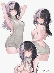 1girl :q absurdres aran_sweater arms_behind_head ass back backless_outfit bare_arms bare_back bare_shoulders black_hair black_nails blunt_bangs blush breasts breasts_apart butt_crack cable_knit closed_mouth commentary convenient_censoring covering_breasts covering_privates cropped_legs dress grey_hair grin hair_ornament halterneck hand_up highres hololive hololive_english iuuu_ru large_breasts long_hair looking_at_viewer meme_attire multicolored_hair multiple_views naked_sweater ribbed_sweater shiori_novella sideboob sidelocks signature simple_background smile split-color_hair sweater sweater_dress symbol-only_commentary teeth thighs tongue tongue_out turtleneck turtleneck_sweater two-tone_hair virgin_killer_sweater virtual_youtuber white_background yellow_eyes