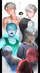Rule 34 | 2boys, absurdres, alien stage, anger vein, artist name, black shirt, black vest, blood, blush, character name, choker, closed eyes, collared shirt, commentary request, green eyes, green tank top, grey choker, grey hair, headset, highres, honogurairo hai, ivan (alien stage), microphone, multiple boys, multiple views, neck tattoo, official alternate costume, open mouth, shirt, tank top, tattoo, teeth, till (alien stage), translation request, vest, watermark, white shirt, white tank top
