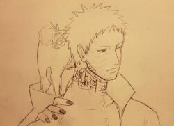 1boy 1girl closed_mouth coat flower hair_bun hair_flower hair_ornament hand_on_another&#039;s_shoulder konan_(naruto) nail_polish naruto_(series) naruto_shippuuden obobkkp one_eye_closed paper scar scar_on_face short_hair spiked_hair traditional_media uchiha_obito