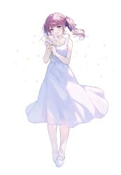 Rule 34 | 1girl, bare arms, bare shoulders, black ribbon, blunt bangs, brown hair, cevio, closed mouth, collarbone, commentary request, dress, flower, full body, hair ribbon, highres, holding, holding flower, ilis 0226, looking at viewer, natsuki karin, purple eyes, ribbon, shoes, short hair, simple background, sleeveless, sleeveless dress, smile, solo, standing, synthesizer v, twintails, white background, white dress, white shoes