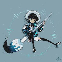 1girl absurdres black_hair black_thighhighs bored brush closed_mouth commentary_request eyebrows_hidden_by_hair full_body green_eyes hand_up helmet highres holding holding_brush ink jacket jitome kazunoko_(kazunoko_zunoco) knee_up medium_hair mole mole_under_eye multicolored_hair open_clothes open_jacket outstretched_leg shoes signature sitting skinny sneakers solo space_helmet streaked_hair thighhighs