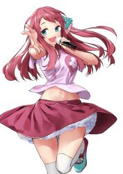 Rule 34 | 1girl, absurdres, ahoge, blue eyes, bow, breasts, fujisaki ribbon, highres, large breasts, long hair, microphone, midriff, minamoto sakura, miniskirt, navel, open mouth, polka dot, polka dot bow, red hair, ribbon, shirt, shoes, side ponytail, skirt, t-shirt, thighhighs, zombie land saga