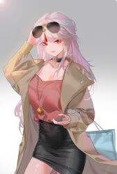 1girl bag black_skirt breasts brown_jacket cleavage eyewear_on_head genshin_impact handbag jacket jewelry necklace ningguang_(genshin_impact) phone pink_hair qiyue_no_hei_qiaokeli simple_background skirt