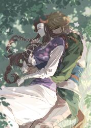 Rule 34 | 1boy, 1girl, blonde hair, breasts, brown hair, closed eyes, couple, dress, gloves, green tunic, grey pants, hair between eyes, hair ribbon, hetero, hug, hug from behind, kurokawa karasu, link, long dress, long hair, long sleeves, medium breasts, nintendo, pants, parted bangs, pointy ears, princess zelda, purple dress, ribbon, short hair, sidelocks, the legend of zelda, the legend of zelda: twilight princess, tunic, white dress, white gloves, white ribbon