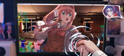 absurdres angry artist_name blue_eyes blue_hair blurry blush brown_hair brown_sweater clenched_hands cracked_screen crazy_mita_(miside) crossover depth_of_field doki_doki_literature_club figure glasses glitch grabbing_another&#039;s_hand green_eyes grey_jacket hair_ornament hair_ribbon hairclip hashtag-only_commentary headband highres hiiragi_tsukasa jacket long_hair long_sleeves lucky_star miside mita_(miside) monika_(doki_doki_literature_club) monitor neck_ribbon open_mouth photo_(object) pov red_ribbon red_shirt ribbon shirt sweater through_medium through_screen trait_connection white_ribbon white_shirt xiu_kukkii