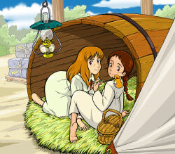 2girls animal animal_on_shoulder barefoot barrel basket braid braided_ponytail brown_eyes brown_hair day hamster kate_popple lamp lim long_hair lucy_may_popple marsh_(minami_no_niji_no_lucy) minami_no_niji_no_lucy multiple_girls outdoors shirt siblings sisters smile white_shirt