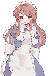 1girl apron asahina_mikuru back_bow blue_dress bow brown_eyes brown_hair dress embarrassed frilled_headwear highres hoshikuzu_(pinkholic) long_hair looking_at_viewer maid maid_apron maid_headdress parted_lips simple_background smile suzumiya_haruhi_no_yuuutsu white_apron white_background white_bow white_headdress