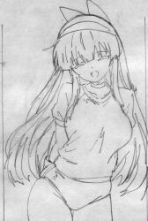 1girl absurdres alternate_costume arms_behind_back artist_name breasts buruma fingerless_gloves gloves hair_ribbon happy highres large_breasts legs long_hair monochrome nakoruru open_mouth ribbon samurai_spirits shirt sketch smile snk solo sports_uniform the_king_of_fighters thick_thighs thighs tongue traditional_media very_long_hair wide_hips