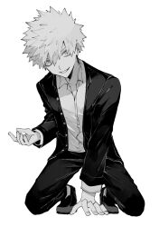 Rule 34 | 1boy, bakugou katsuki, boku no hero academia, buttons, collared shirt, fingernails, full body, greyscale, hair between eyes, highres, jacket, kneeling, layered sleeves, long sleeves, looking ahead, male focus, monochrome, neminemisho, open clothes, open collar, open jacket, pants, parted bangs, parted lips, shirt, shoes, short hair, simple background, smile, solo, white background, wing collar