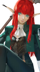 Rule 34 | 1girl, ascot, black bustier, blazpu, blue eyes, blunt bangs, blunt ends, breasts, highres, hime cut, holding, holding weapon, hulkenberg (metaphor: refantazio), long hair, long pointy ears, looking to the side, medium breasts, metaphor: refantazio, parted bangs, pink lips, pointy ears, red hair, sitting, smile, solo, weapon, white ascot