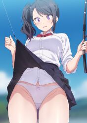 1girl absurdres accidental_exposure black_hair black_skirt blue_sky bow bow_panties bowtie breasts clothes_lift collared_shirt commentary_request day fishing_rod gluteal_fold highres holding holding_fishing_rod large_breasts medium_hair mibushiro original outdoors panties parted_lips purple_eyes red_bow red_bowtie school_uniform shirt short_sleeves side_ponytail skirt skirt_lift sky solo thighs underwear white_shirt