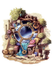 blanket book bookshelf cushion drum garutaisa highres inkwell instrument lantern lute_(instrument) lyre no_humans open_book original paper pillow pitcher_(container) plant quill scenery scroll treasure_chest window
