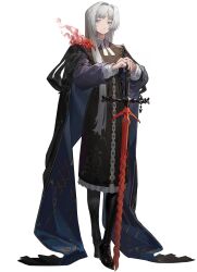 Rule 34 | 1girl, black boots, black cape, black dress, blue eyes, blue shirt, boots, cape, closed mouth, dikke, dress, expressionless, fire, full body, highres, long hair, looking at viewer, official art, reverse:1999, shirt, solo, standing, sword, tachi-e, thigh boots, third-party source, transparent background, very long hair, weapon, white hair, zweihander