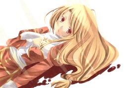 Rule 34 | 1girl, blonde hair, blood, blood from mouth, commentary request, cross, cross necklace, dress, high priest (ragnarok online), holding, holding cross, jewelry, juliet sleeves, long hair, long sleeves, looking at viewer, looking to the side, low-tied long hair, margaretha sorin, nanami (s881201guy), necklace, open mouth, pool of blood, puffy sleeves, ragnarok online, red dress, red eyes, sash, simple background, solo, two-tone dress, upper body, very long hair, white background, white dress, white sash
