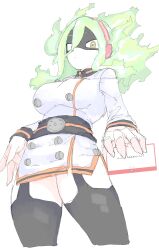1girl absurdres black_mask boku_no_hero_academia breasts burnin_(boku_no_hero_academia) closed_mouth domino_mask eye_mask fiery_hair fire glowing glowing_hair green_fire green_hair hair_between_eyes highres large_breasts long_hair long_sleeves looking_at_viewer mask mocamocaink solo thighhighs thighs yellow_eyes
