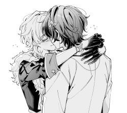Rule 34 | 2boys, aventurine (honkai: star rail), bracelet, closed eyes, closed mouth, commentary request, dr. ratio (honkai: star rail), fur-trimmed jacket, fur trim, gloves, hair ornament, highres, honkai: star rail, honkai (series), jacket, jewelry, male focus, multiple boys, plusone 0722, short hair, sleeve cuffs, smile, twitter username, upper body, watch, white background, wristwatch, yaoi