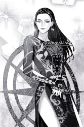 1girl baldur&#039;s_gate baldur&#039;s_gate_3 cowboy_shot dress dungeons_&amp;_dragons dungeons_&amp;_dragons earrings highres ichijo_(cyxxx123) jewelry long_hair long_sleeves mystra_(baldur&#039;s_gate) purple_eyes side_slit solo sparkle spot_color