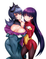 10s 1990s_(style) 2girls alternate_color asymmetrical_docking bare_shoulders bellelba_(pokemon) black_legwear breast_press breasts cleavage covered_navel detached_collar dress dual_persona earrings gloves gym_leader hizuki_akira jewelry large_breasts long_hair long_sleeves looking_at_viewer multiple_girls nintendo pantyhose pokemon pokemon_bw2 pokemon_rgby pokestar_studios pokewood purple_eyes purple_hair red_eyes retro_artstyle sabrina_(pokemon) shiny_skin simple_background small_breasts tiara white_background white_gloves
