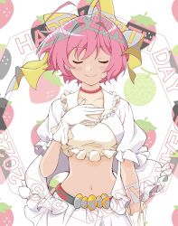 Rule 34 | 1girl, antenna hair, blush, bow, breasts, closed eyes, crop top, hair bow, happy birthday, highres, idol, java (jav romance17), kami nomi zo shiru sekai, nakagawa kanon, navel, pink hair, puffy short sleeves, puffy sleeves, short hair, short sleeves, skirt, smile, solo, yellow bow