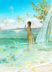 1girl absurdres artist_name bare_shoulders barefoot beach between_fingers black_hair blowing blowing_bubbles blue_sky bracelet bubble caustics chain chain_bracelet closed_eyes cloud commentary_request curtains day dress floral_print flower food from_side fruit full_body gold_bracelet hand_up highres holding holding_wand illumi999 jewelry layered_dress lemon long_hair long_skirt original parted_lips pink_flower refraction rock sand scenery seashell see-through_clothes see-through_curtains see-through_skirt see-through_skirt_layer shell shore short_dress sidelocks skirt sky sleeveless sleeveless_dress solo spaghetti_strap sparkle standing starfish sundress sunflower wading wand water waves white_flower wide_shot yellow_dress yellow_flower