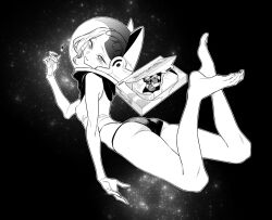 1girl anjou_(yancha_gal) bare_arms bare_legs bare_shoulders floating full_body greyscale helmet highres monochrome solo space space_helmet yancha_gal_no_anjou-san yuuichi_katou