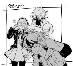 Rule 34 | 1girl, 2boys, ?, adjusting eyewear, ahoge, aotsuki eito, bespectacled, collared shirt, genibun, glasses, gloves, highres, hood, hoodie, jacket, jacket over hoodie, kirifuji nozomi, looking at viewer, monochrome, multiple boys, neck ribbon, open clothes, open jacket, ribbon, shirt, short hair, simple background, skirt, small sweatdrop, smile, sparkle, spoken question mark, spoken sweatdrop, sumino takumi, sweatdrop, the hundred line -last defense academy-