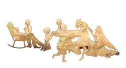 Rule 34 | 10s, 2girls, 5boys, aged down, anthea (pokemon), artist request, bad id, bad pixiv id, bare shoulders, barefoot, blonde hair, chair, concordia (pokemon), dress, ghetsis (pokemon), green hair, kneeling, multiple boys, multiple girls, n (pokemon), nintendo, pokemon, pokemon bw, red hair, rocking chair, shadow triad, simple background, sitting, star (symbol), table, tea, triplets, white background, white hair