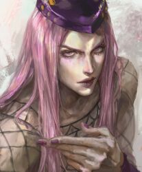Rule 34 | 1boy, closed mouth, commentary, commentary request, derivative work, fishnet top, fishnets, hat, jojo no kimyou na bouken, long hair, looking at viewer, male focus, narciso anasui, pink eyes, pink hair, pink lips, ponytail, purple hat, purple nails, rjwkd3, solo, stone ocean, v-shaped eyebrows