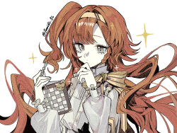 1girl :/ alternate_costume alternate_hairstyle bow bowtie closed_mouth film_grain floating_hair glass_pen grey_eyes hairband hand_on_own_chin hands_up highres holding holding_notebook holding_pen long_hair long_sleeves looking_at_viewer notebook one_side_up orange_hair pen puffy_long_sleeves puffy_sleeves reverse:1999 shirt solo sonetto_(reverse:1999) sparkle upper_body very_long_hair white_background white_shirt yellow_bow yellow_bowtie yellow_hairband yuzu_(parasitic_910)