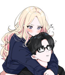 1boy 1girl ? black-framed_eyewear black_hair blonde_hair blue_shirt blush commentary_request cropped_shirt gakuen_idolmaster glasses hetero highres hug hug_from_behind idolmaster juo_sena kasasagi_(futagodori888) long_hair midriff multicolored_hair pink_hair producer_(idolmaster) shirt short_hair simple_background streaked_hair two-tone_hair very_long_hair white_background