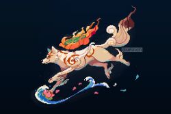 1girl amaterasu_(ookami) body_markings closed_mouth commentary fire flower from_side full_body hashtag-only_commentary illufinch leaf looking_ahead ookami_(game) petals pink_flower pixel_art smile twitter_username water