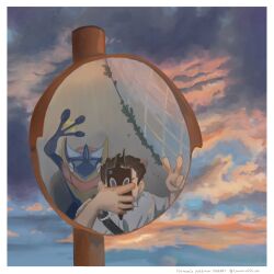 Rule 34 | 1boy, black hair, blue sky, border, cellphone, cloud, frog, gen 4 pokemon, gen 6 pokemon, greninja, hands up, highres, holding, holding phone, mirror, mirror selfie, nintendo, outdoors, phone, pokemon, pokemon (creature), rotom, rotom phone, selfie, short hair, sky, smartphone, tororo oishi ym, traffic mirror, twilight, twitter username, v, white border