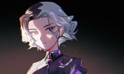 1boy amethio_(pokemon) bright_pupils closed_mouth collared_shirt commentary_request copituji grey_shirt highres looking_down loose_hair_strand male_focus multicolored_hair nintendo pokemon pokemon_(anime) pokemon_horizons purple_eyes shirt short_hair solo two-tone_hair upper_body white_pupils