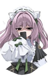 1girl azur_lane black_eyes blank_eyes cellphone commentary_request cropped_torso dress frilled_dress frilled_hairband frills green_ribbon hair_ribbon hairband highres holding holding_phone medium_hair phone purple_hair ribbon shaded_face simple_background sleeves_past_fingers sleeves_past_wrists smartphone solo soul_(dp11) unamused vittorio_cuniberti_(azur_lane) white_background
