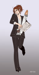 1girl alternate_costume bread brown_hair cellphone coffee contemporary cradling_phone fashion food fuu_(pixiv502572) glasses hange_zoe high_heels highres newspaper phone ponytail shingeki_no_kyojin talking_on_phone