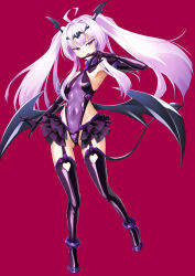 1girl absurdres ahoge amakubo_yuri black_gloves black_wings breasts clothing_cutout corruption covered_navel dark_persona demon_girl demon_tail demon_wings elbow_gloves full_body funase36 gloves gluteal_fold hair_ornament heart_cutout high_heels highleg highleg_leotard highres kouyoku_senki_exs-tia latex leotard liberator_(kouyoku_senki_exs-tia) liberator_yuri_(kouyoku_senki_exs-tia) long_hair looking_at_viewer low_wings purple_eyes purple_leotard red_background sidelocks simple_background skirt small_breasts smile solo tail thighhighs tongue tongue_out twintails white_hair wings