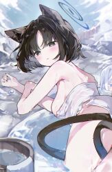 Rule 34 | 0202ase, 2girls, absurdres, animal ears, black eyes, black hair, black nails, blue archive, blue eyes, blue halo, cat ears, cat tail, curtained hair, halo, highres, kikyou (blue archive), looking at viewer, medium hair, multiple girls, nagusa (blue archive), naked towel, nekomata, onsen, parted bangs, partially submerged, tail, towel, white hair