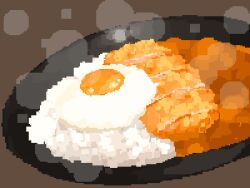 bowl brown_background curry egg_yolk food food_focus highres hisachan55cute no_humans omelet omurice original pixel_art rice scenery simple_background steaming_food tamagokake_gohan
