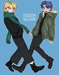 Rule 34 | 2boys, alternate costume, blonde hair, blue background, blue eyes, blue hair, boots, commentary request, contemporary, dio brando, full body, fur-trimmed hood, fur trim, hand in pocket, highres, hood, hood down, hooded jacket, jacket, jojo no kimyou na bouken, jonathan joestar, long sleeves, male focus, multiple boys, open clothes, open jacket, open mouth, pants, phantom blood, scarf, short hair, smile, tapoemon, yellow eyes