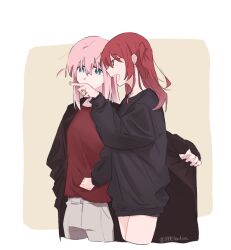 2girls :d black_jacket black_shorts black_sweater blue_eyes bocchi_the_rock! commentary_request cowboy_shot cropped_legs crossed_bangs gotoh_hitori gradient_eyes green_eyes grey_pants hair_between_eyes jacket jewelry kita_ikuyo long_hair long_sideburns long_sleeves multicolored_eyes multiple_girls one_side_up open_mouth pants pink_hair pointing raven_(099stardive) red_hair red_shirt ring shirt short_shorts shorts sideburns sidelocks smile standing sweater t-shirt teeth twitter_username upper_teeth_only white_background yellow_background yellow_eyes yuri