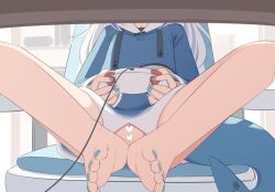 1girl animal_costume animal_hood barefoot blue_hair blue_hoodie blue_nails bottomless censored cleft_of_venus commentary controller desk drawstring english_commentary feet fins fish_tail foot_focus from_below game_controller gawr_gura gawr_gura_(1st_costume) grey_hair head_out_of_frame heart heart_censor highres holding holding_controller holding_game_controller hololive hololive_english hood hood_down hoodie indoors knees_apart_feet_together multicolored_hair nail_polish naked_hoodie no_panties pussy shark_costume shark_girl shark_hood shark_tail sitting soles solo streaked_hair swivel_chair tail tenroy thighs toenail_polish toenails toes virtual_youtuber