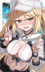 1girl artoria_caster_(fate) artoria_caster_(swimsuit_berserker)_(fate) artoria_caster_(swimsuit_berserker)_(first_ascension)_(fate) artoria_pendragon_(fate) baseball_cap bikini black_pants blonde_hair blush breasts commentary_request criss-cross_halter cropped_jacket double_v fate/grand_order fate_(series) green_eyes halterneck hat highres jacket large_breasts long_hair looking_to_the_side n/p_(xrey2588) navel open_mouth pants sling_bikini_top solo striped_clothes striped_jacket swimsuit twintails v white_hat white_jacket